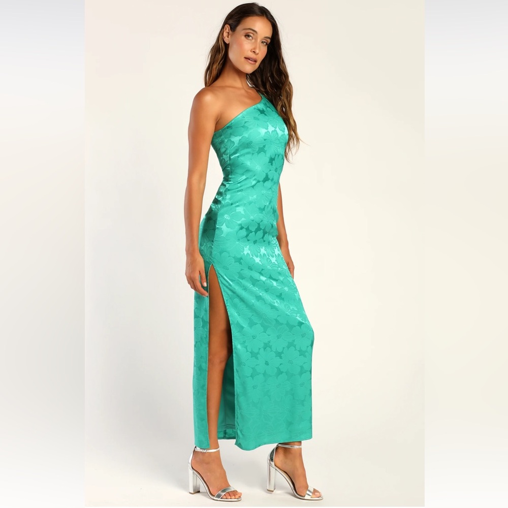 Lulu’s Chasing Desire Teal Green Satin Jacquard One-Shoulder Maxi Dress